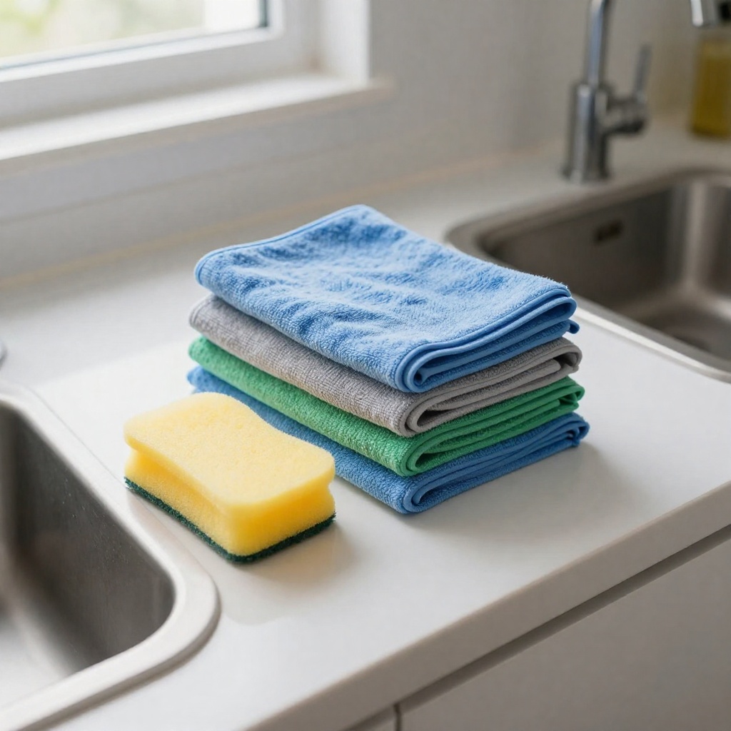Folded microfiber cloths and a sponge by the sink