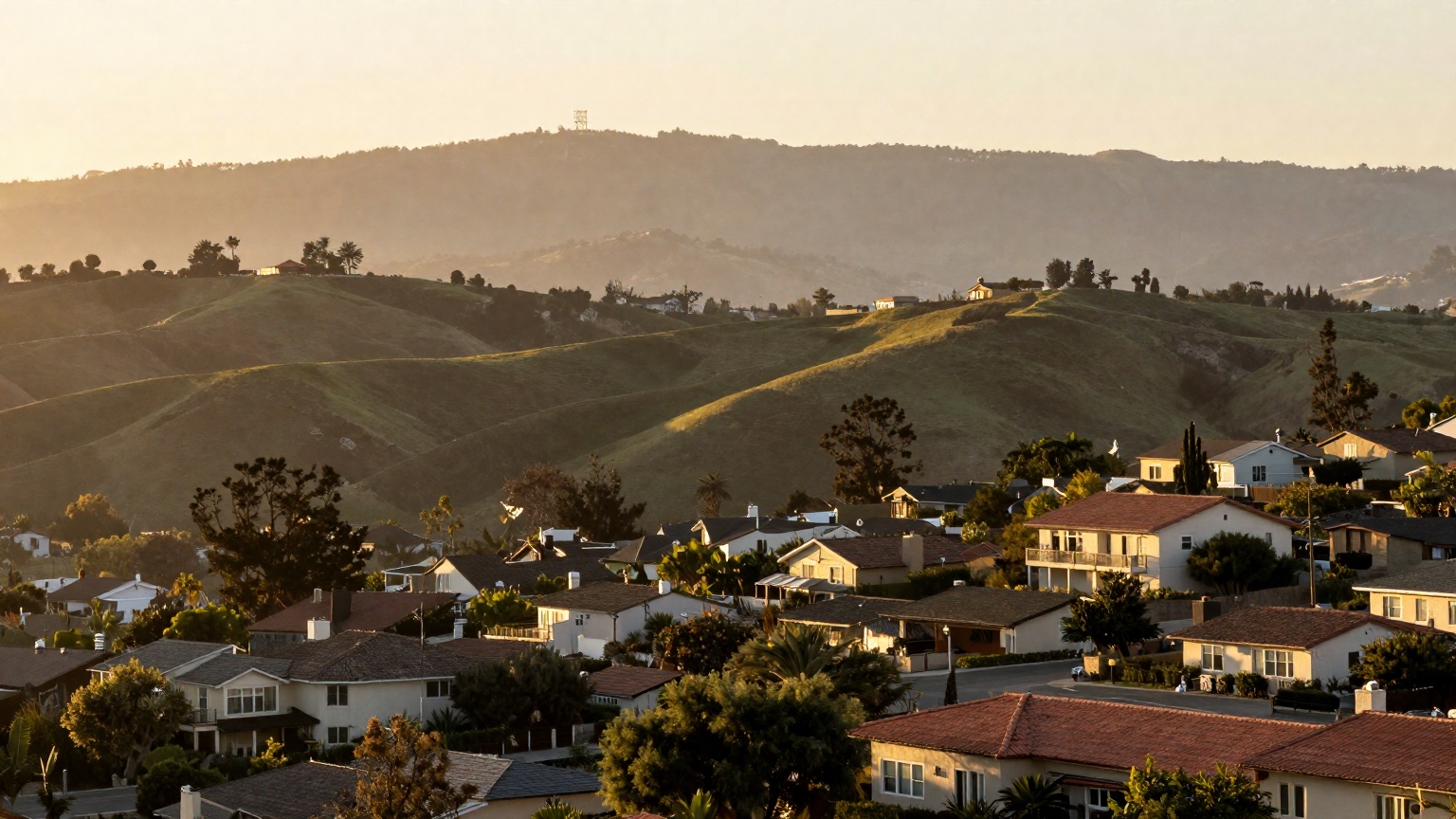 The hills and neighborhoods of Diamond Bar at golden hour
