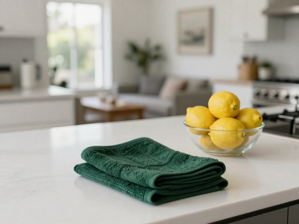 A tidy kitchen counter with a folded green towel and a bowl of lemons